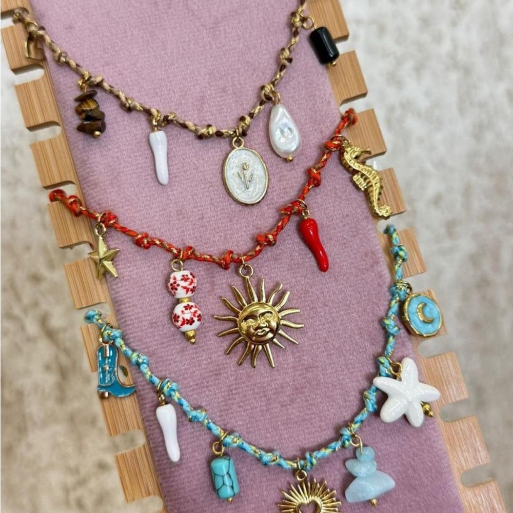 Bohemian Charm Necklace Set with Gold and Red Accents